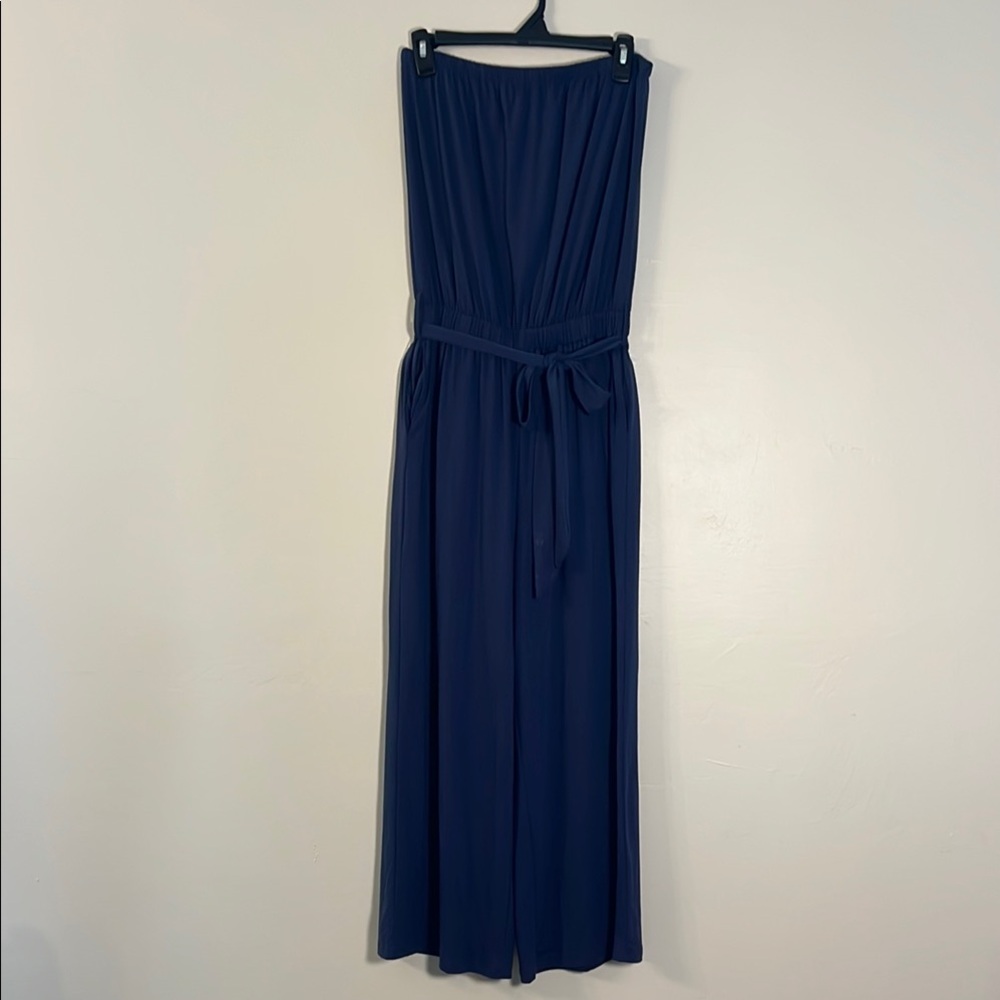 ZESICA STRAPLESS BELTED WIDE-LEG JUMPSUIT NAVY LARGE